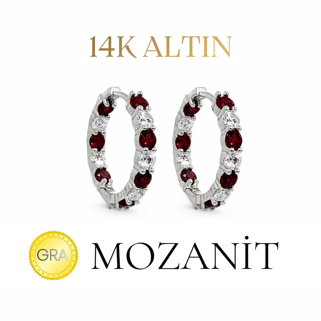 14K Mozanit Küçük Boy Bordo Taşlı Halka Küpe