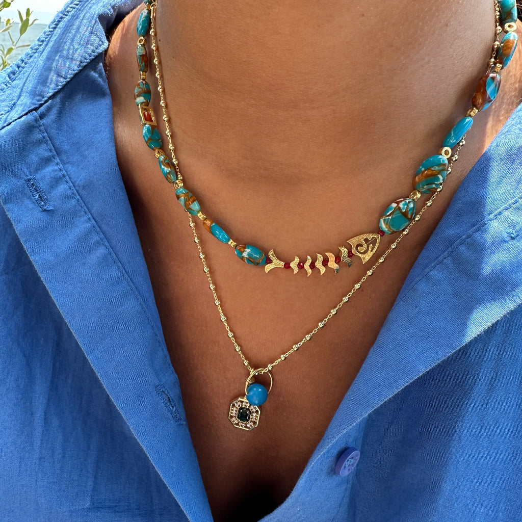 Balık Detaylı Turkuaz Doğal Taş Kolye