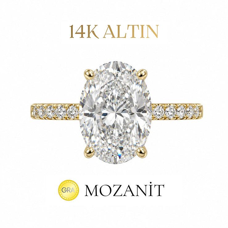 14K Üç Buçuk Mozanit Uzun Oval Tektaş Yüzük