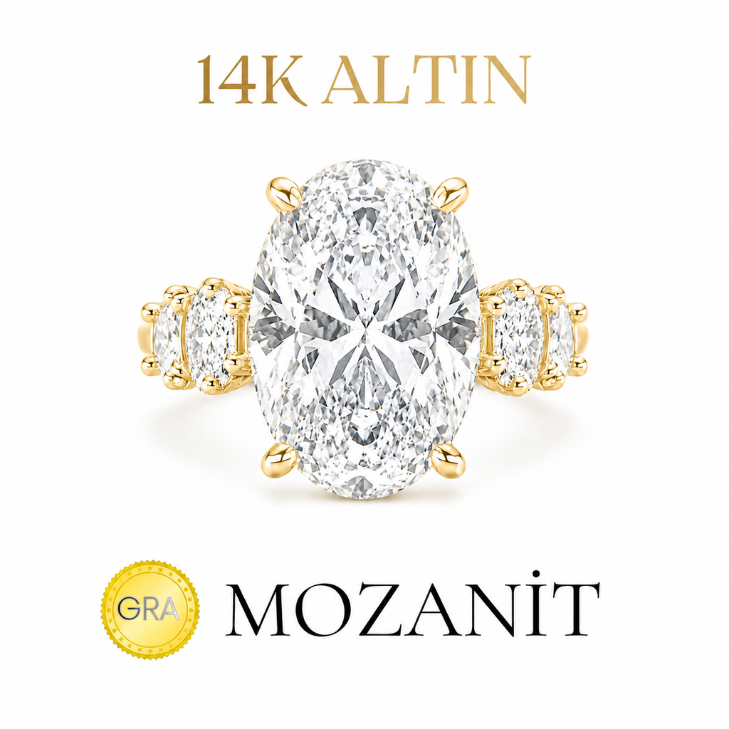 14K Kolu Oval Taşlı Oval Mozanit Yüzük