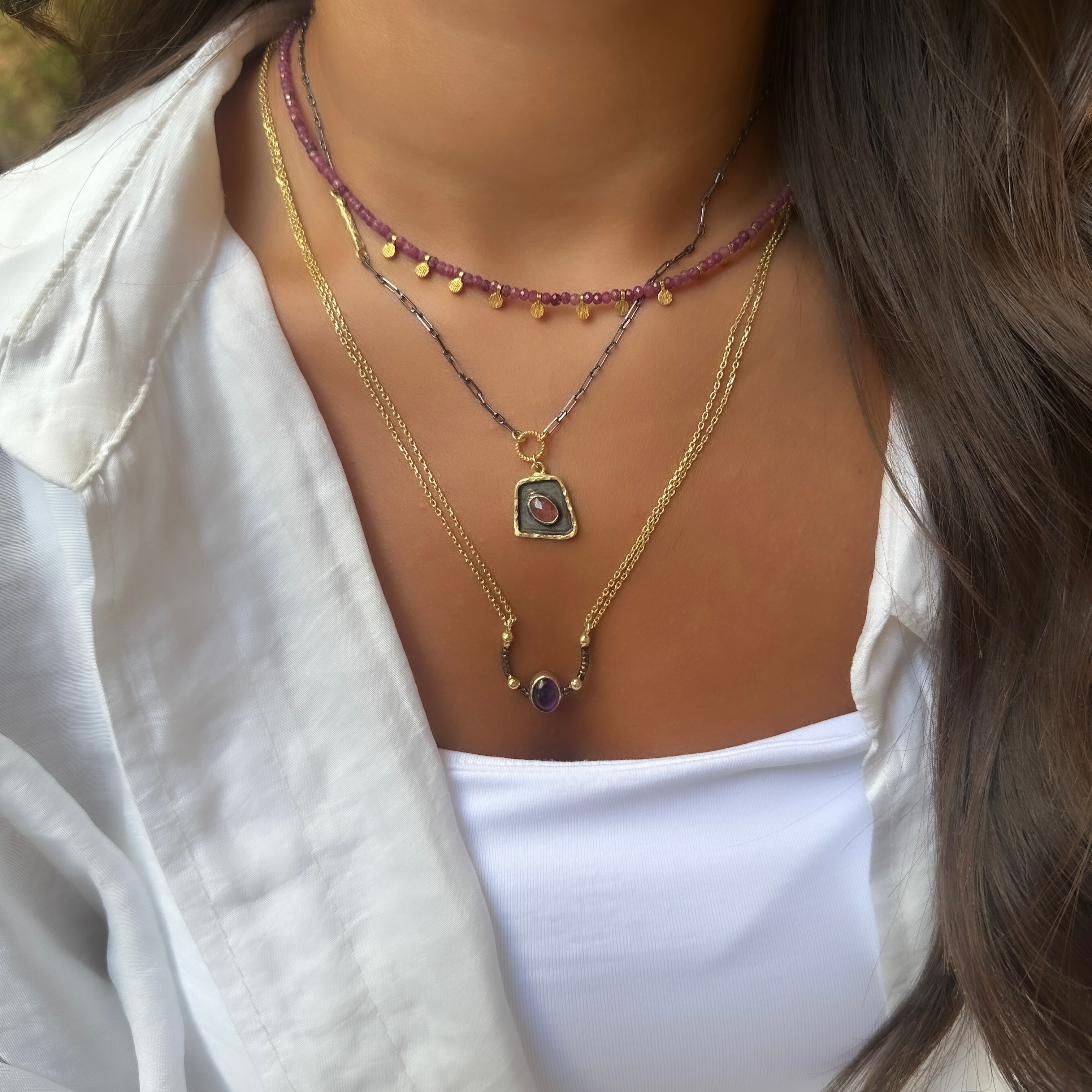 Turmalin Taşlı Kare Model Kolye