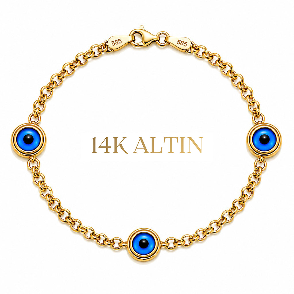 14K Üçlü Nazar Hollow Bileklik