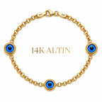 14K Üçlü Nazar Hollow Bileklik