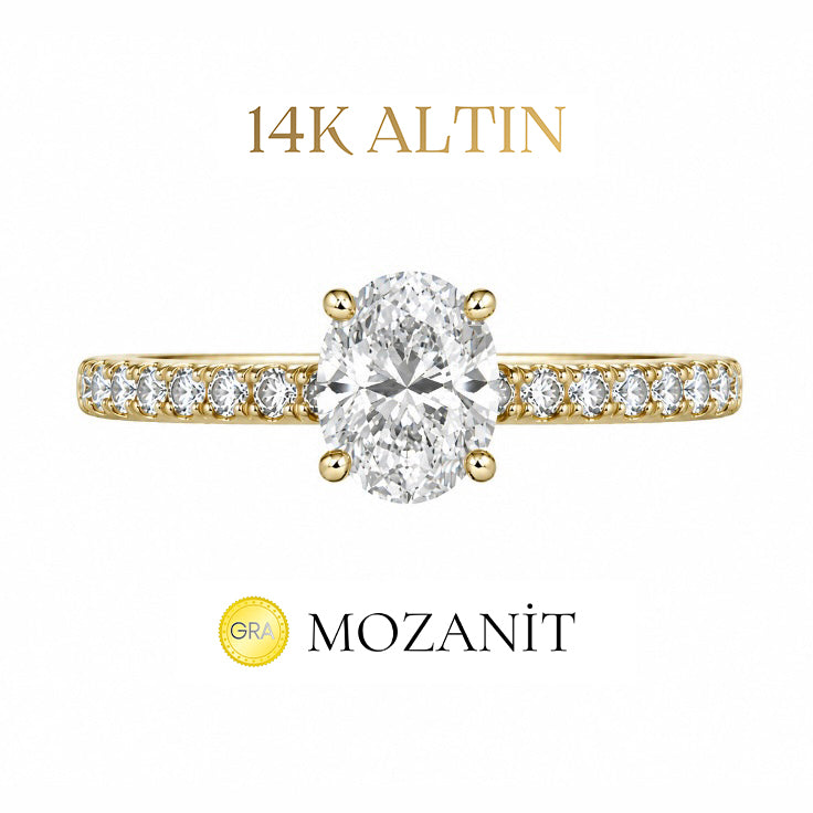 14K Bir Karat Mozanit Uzun Oval Tektaş Yüzük