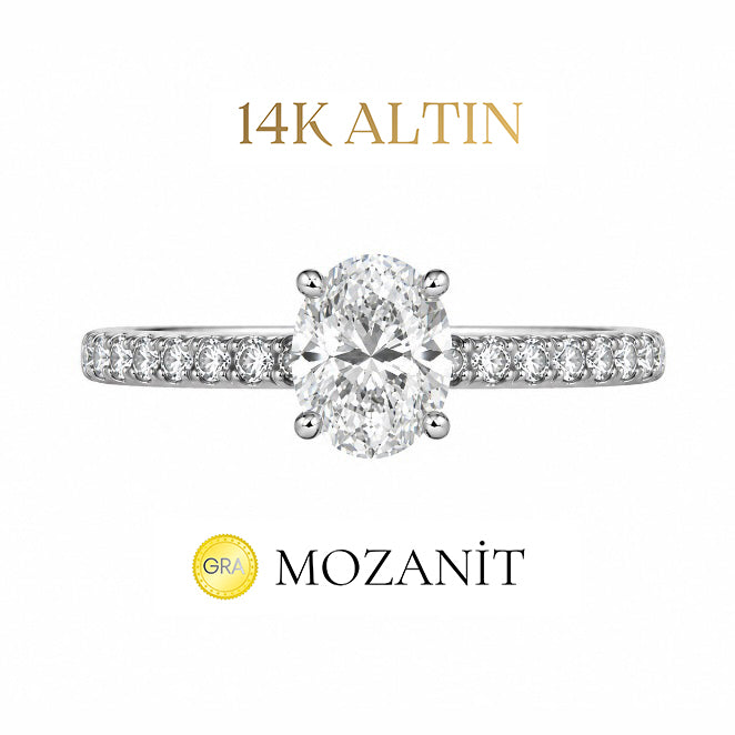 14K Bir Karat Mozanit Uzun Oval Tektaş Yüzük