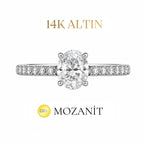 14K Bir Karat Mozanit Uzun Oval Tektaş Yüzük