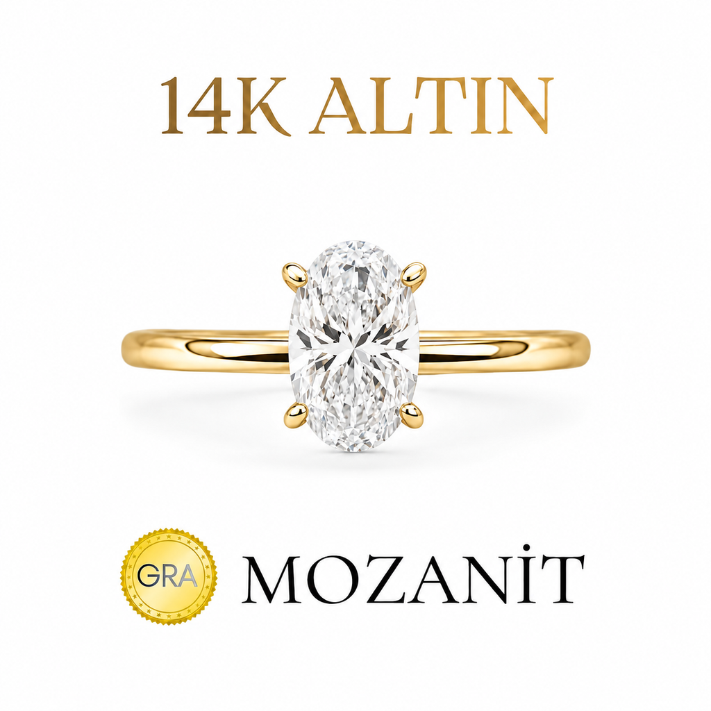 14K Bir Buçuk Karat Mozanit Oval Yüzük