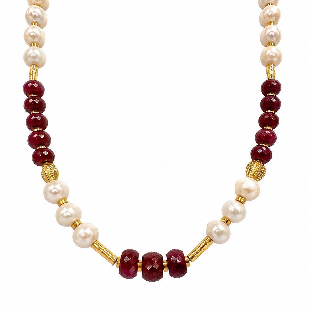 Bar Gold Detailed Pearl Ruby Stone Necklace