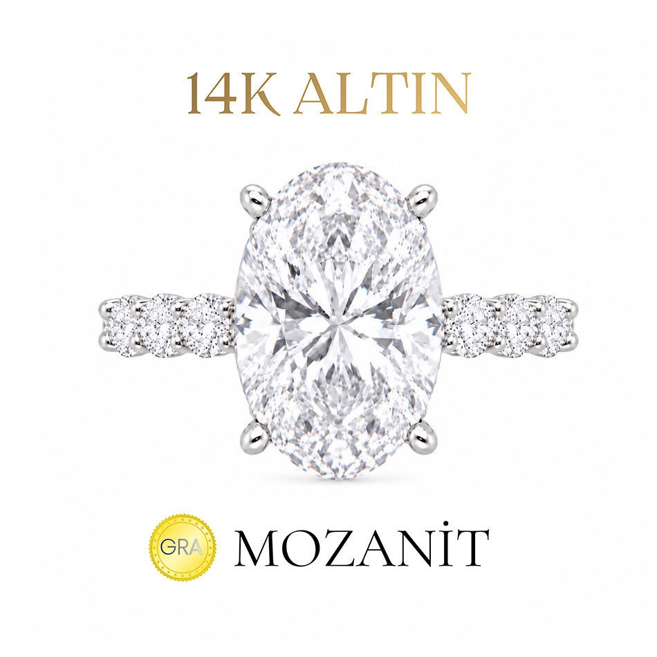14K Altı Karat Taşlı Mozanit Uzun Oval Tamtur Yüzük