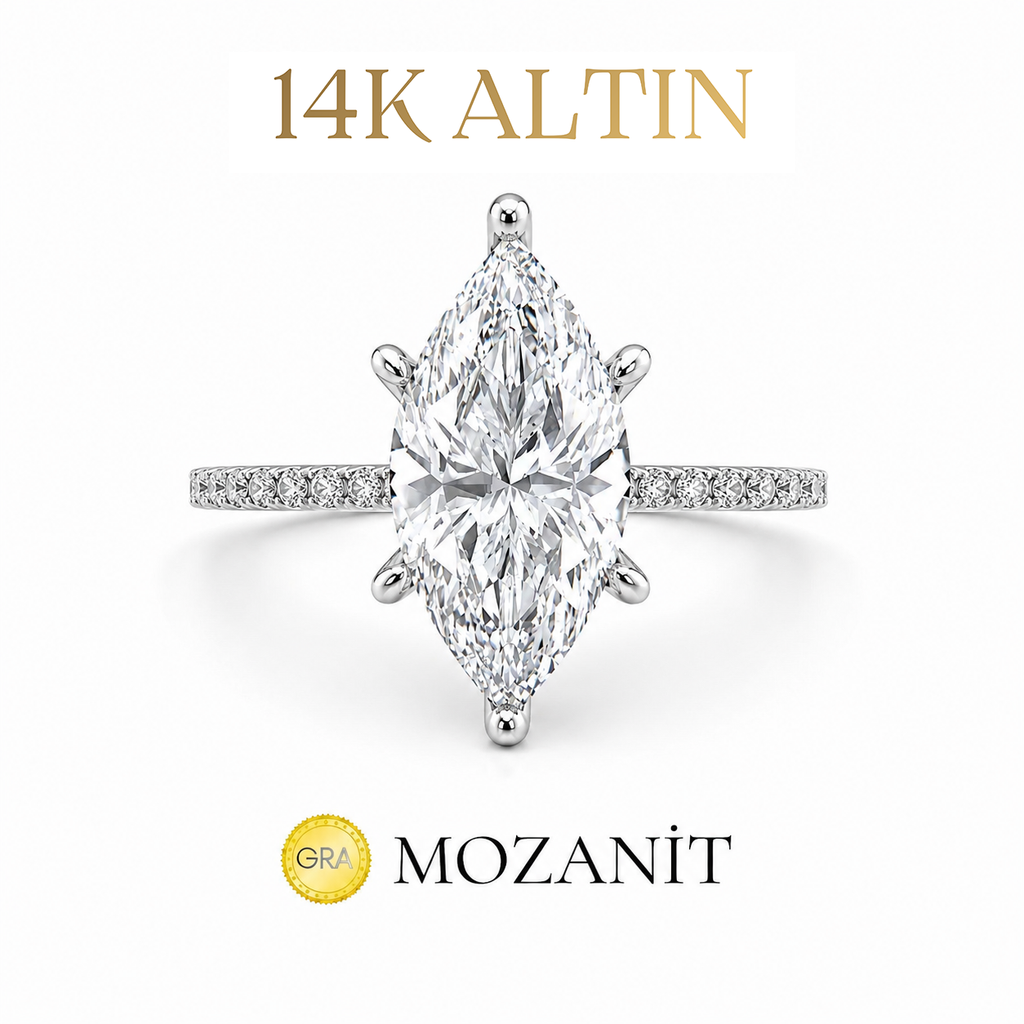 14K İki Karat Tasarım Mozanit Markiz Yüzük