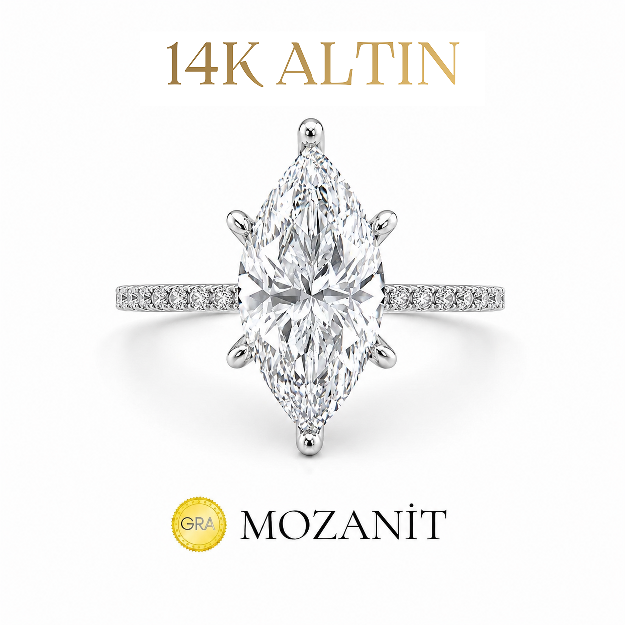 14K İki Karat Tasarım Mozanit Markiz Yüzük