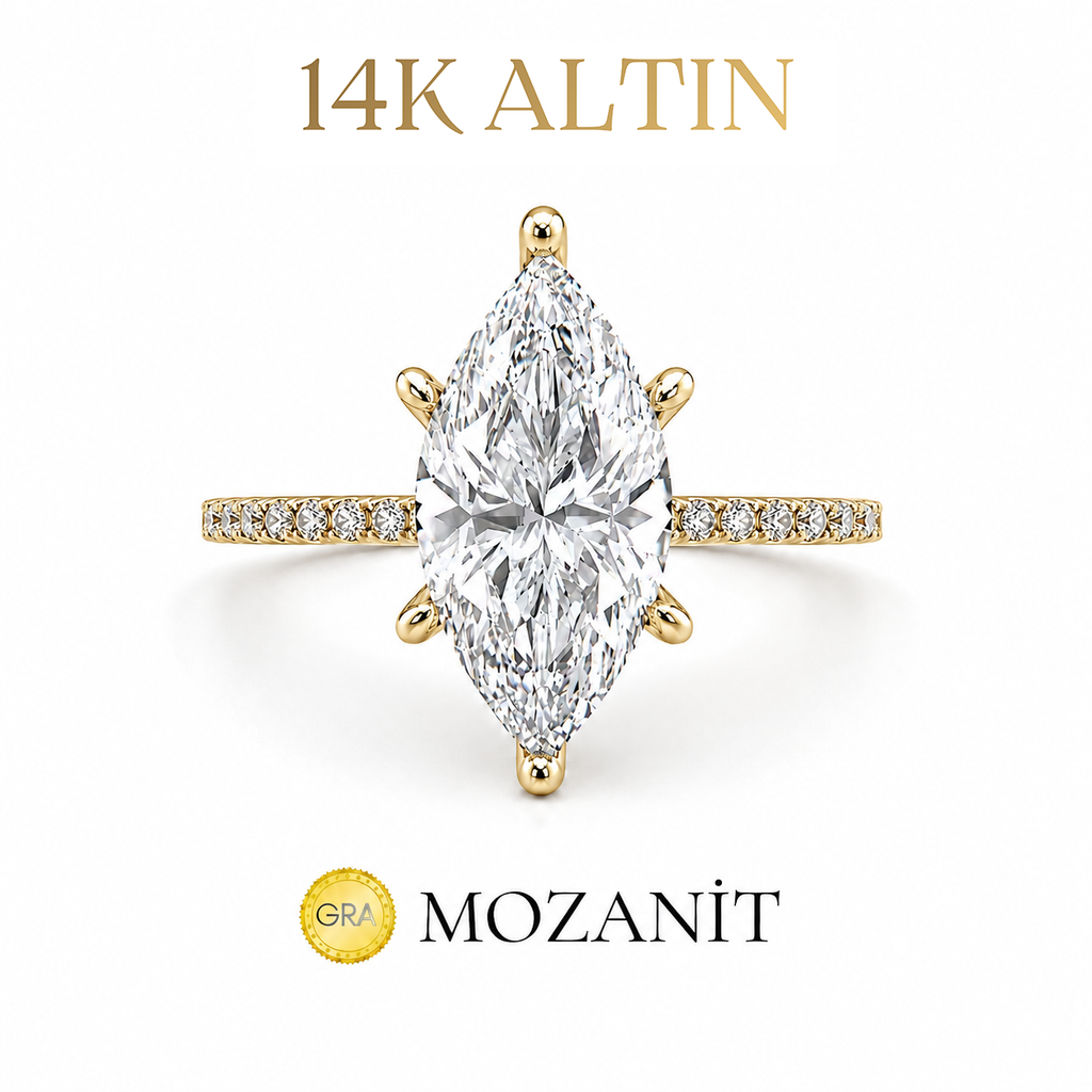 14K İki Karat Tasarım Mozanit Markiz Yüzük
