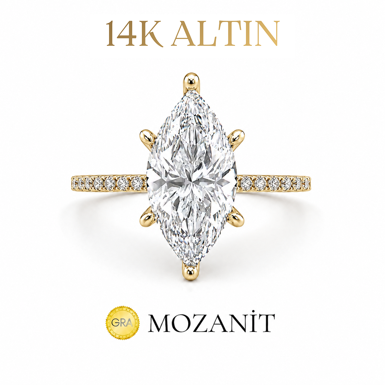 14K İki Karat Tasarım Mozanit Markiz Yüzük