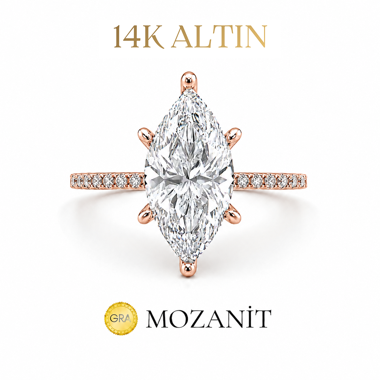 14K İki Karat Tasarım Mozanit Markiz Yüzük
