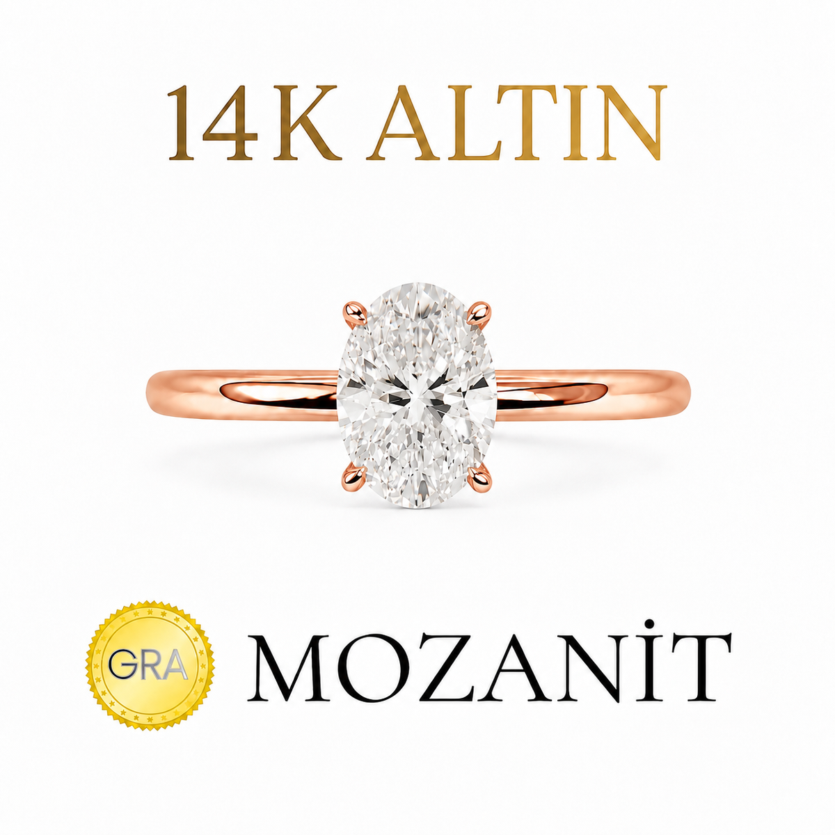 14K Bir Karat Mozanit Oval Yüzük