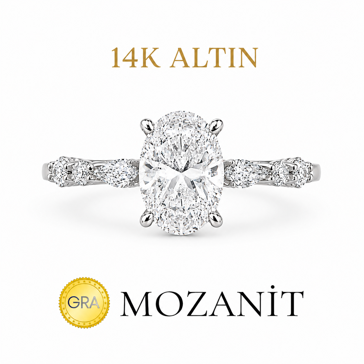 14K İki Karat Mozanit Markiz Taşlı Oval Tektaş Yüzük