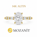 14K İki Karat Mozanit Markiz Taşlı Oval Tektaş Yüzük