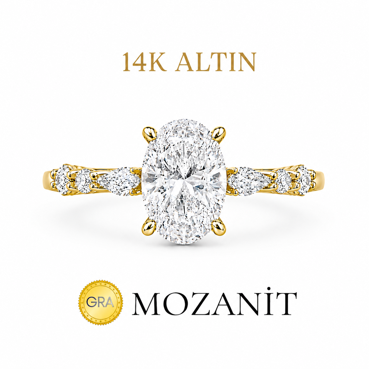14K İki Karat Mozanit Markiz Taşlı Oval Tektaş Yüzük