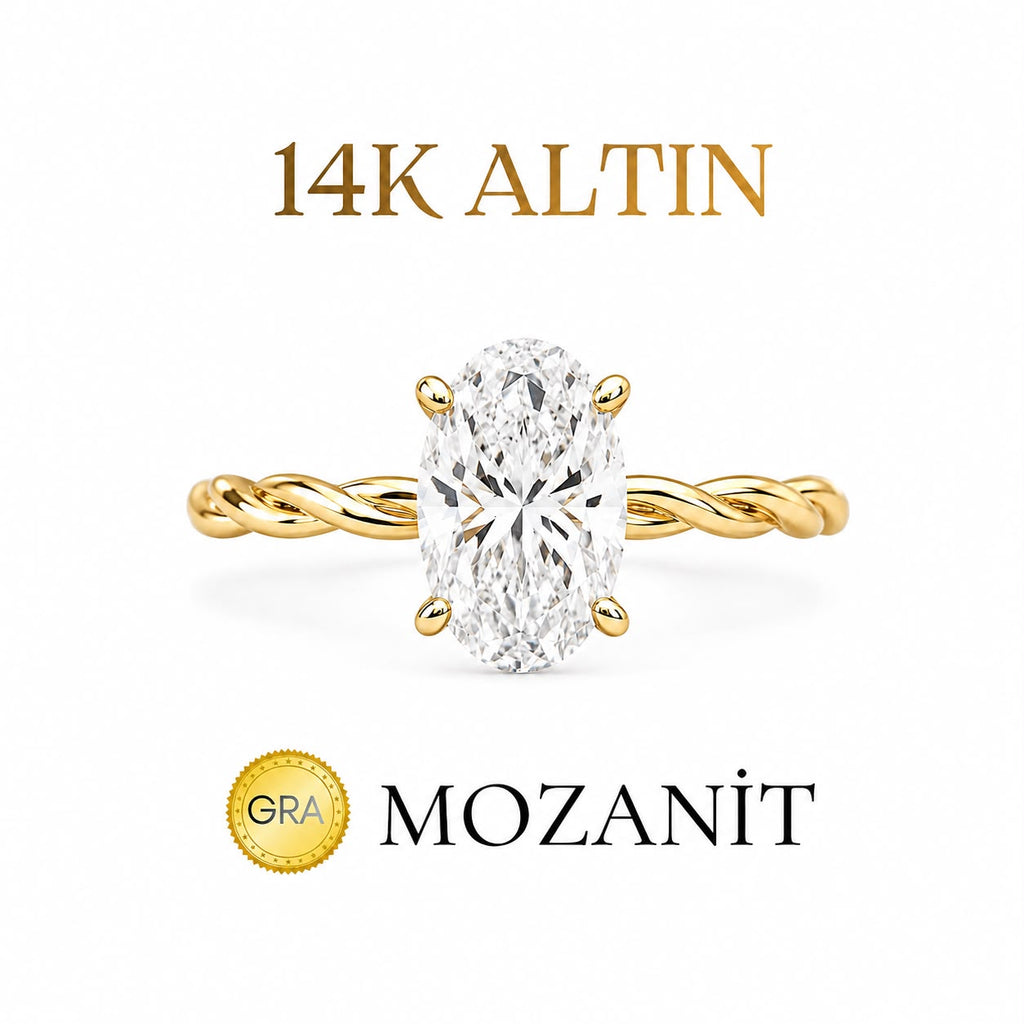 14K İki Karat Burgu Mozanit Oval Yüzük