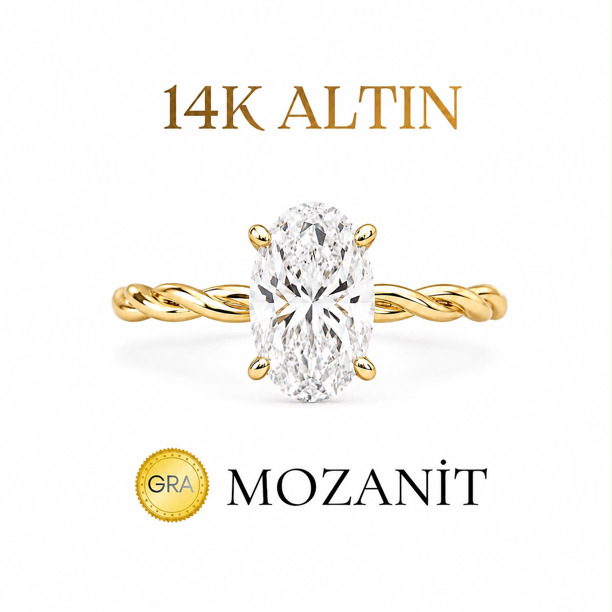 14K İki Karat Burgu Mozanit Oval Yüzük