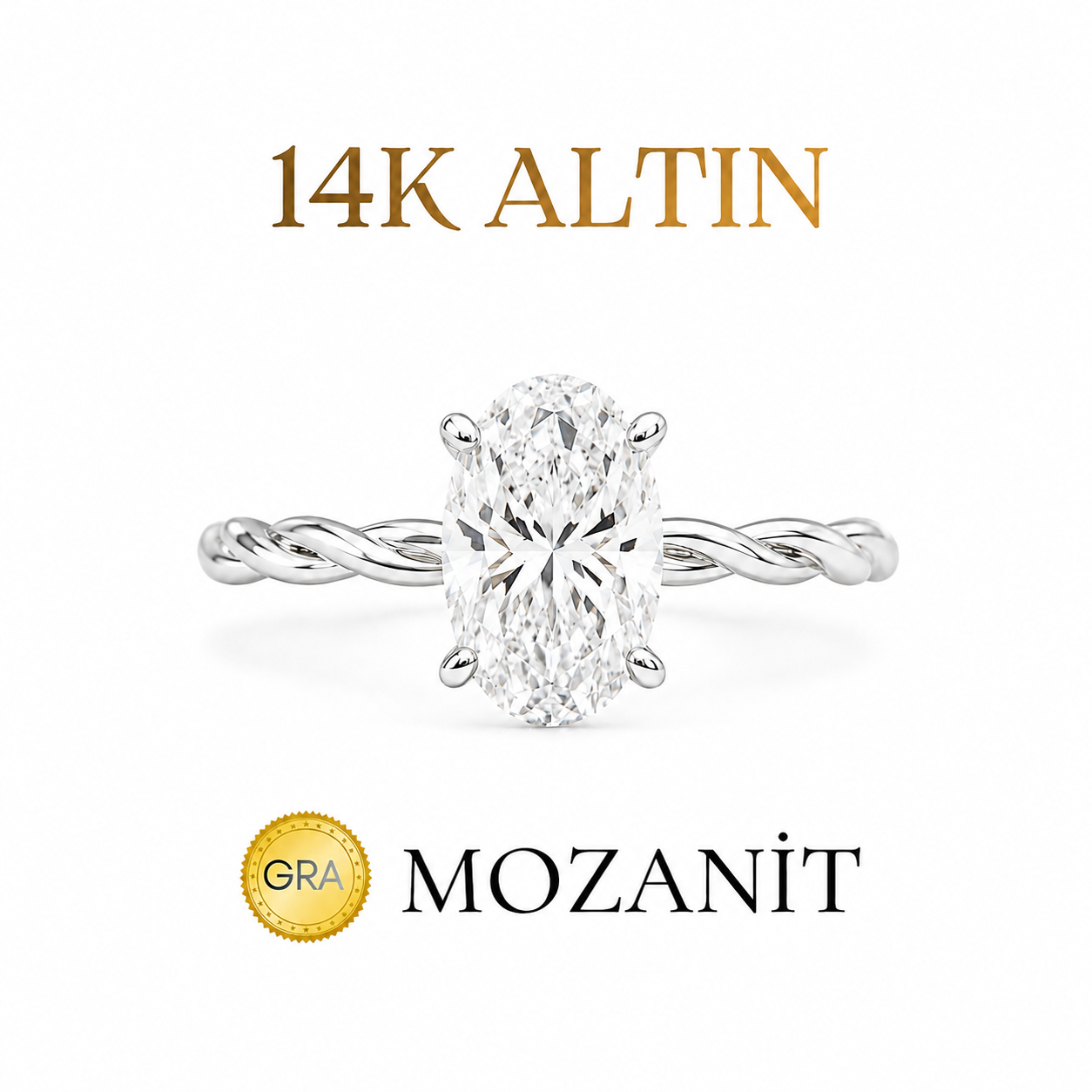 14K İki Karat Burgu Mozanit Oval Yüzük