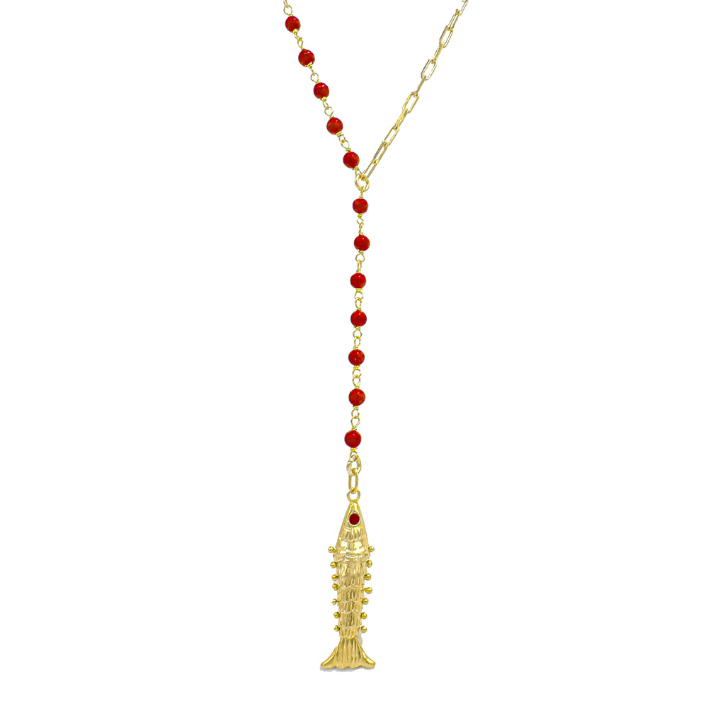 Mercan Taşlı Balık Detay Y Kolye