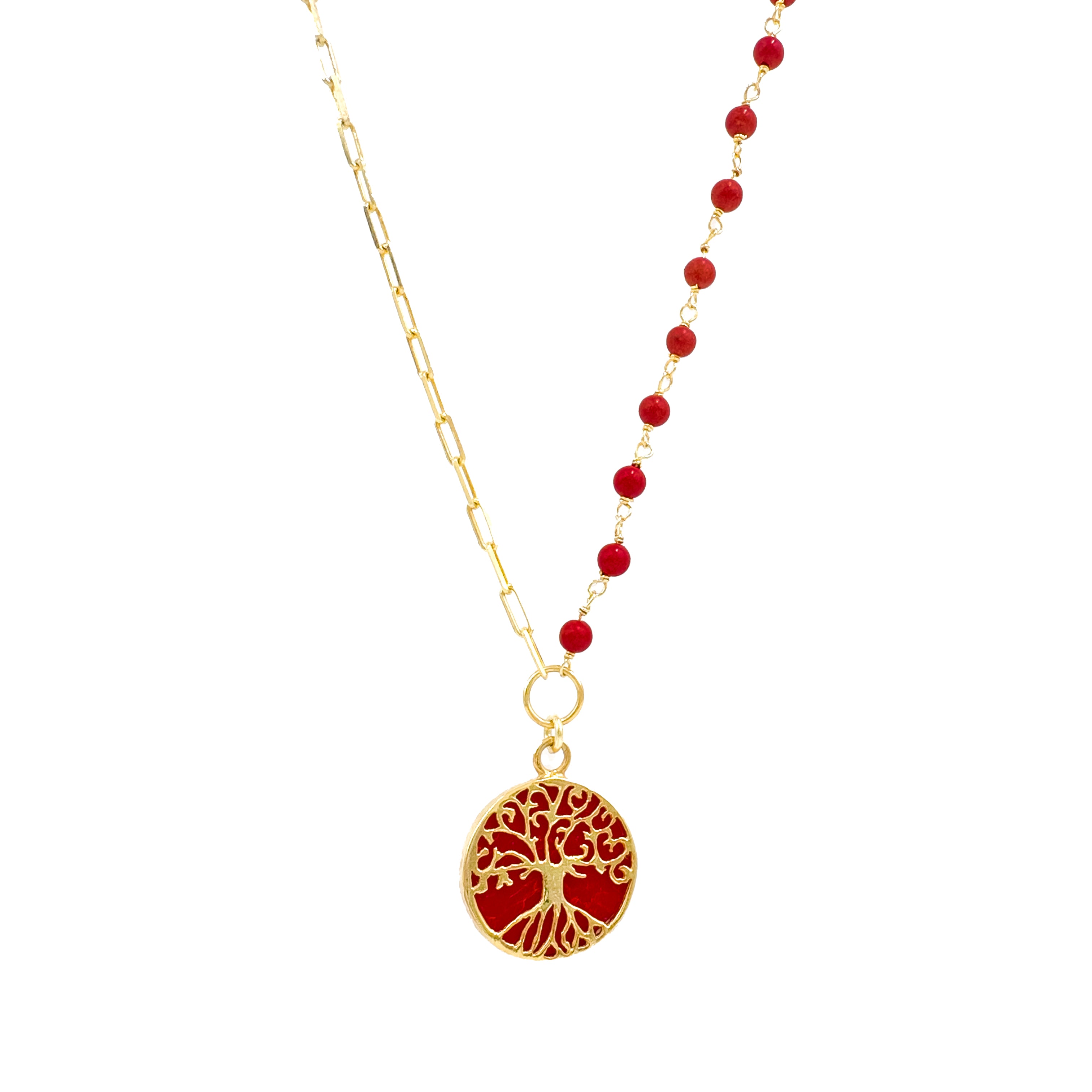 Mercan Taşlı Zincir Detaylı Hayat Ağacı Kolye