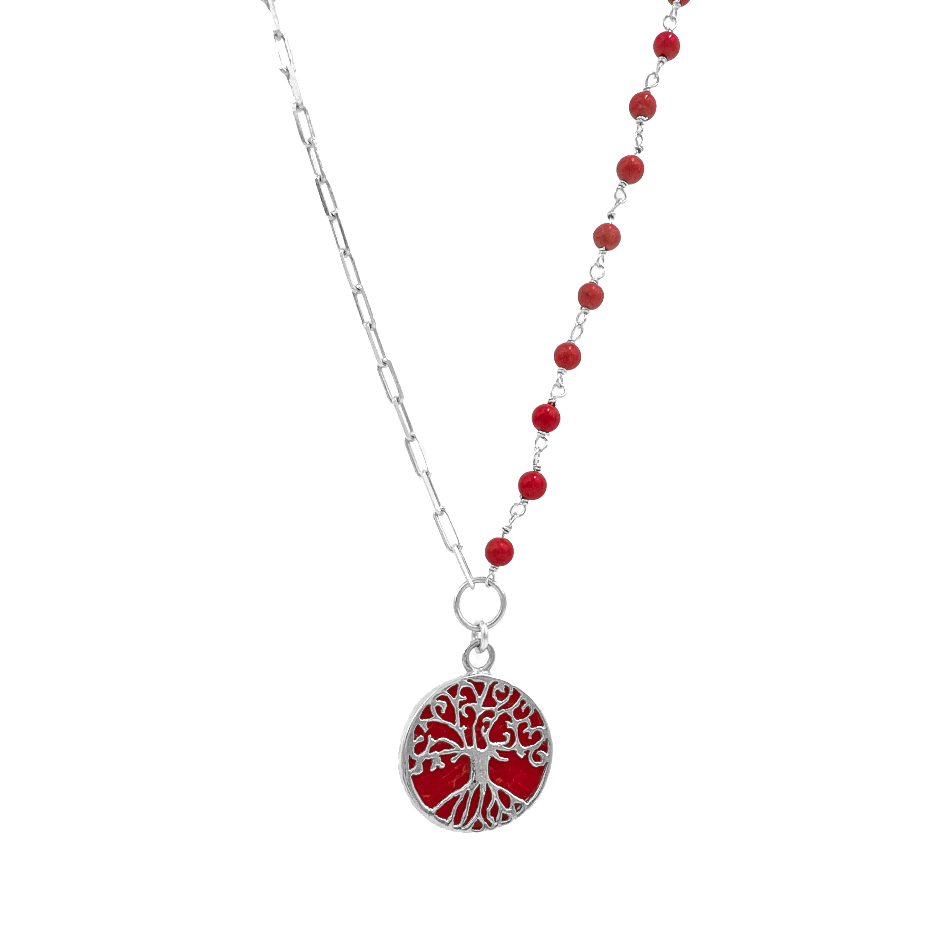 Mercan Taşlı Zincir Detaylı Hayat Ağacı Kolye