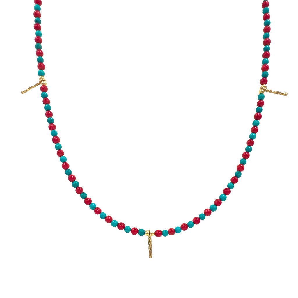 Turkuaz Ve Mercan Taşlı Gold Detaylı Doğal Taş Kolye