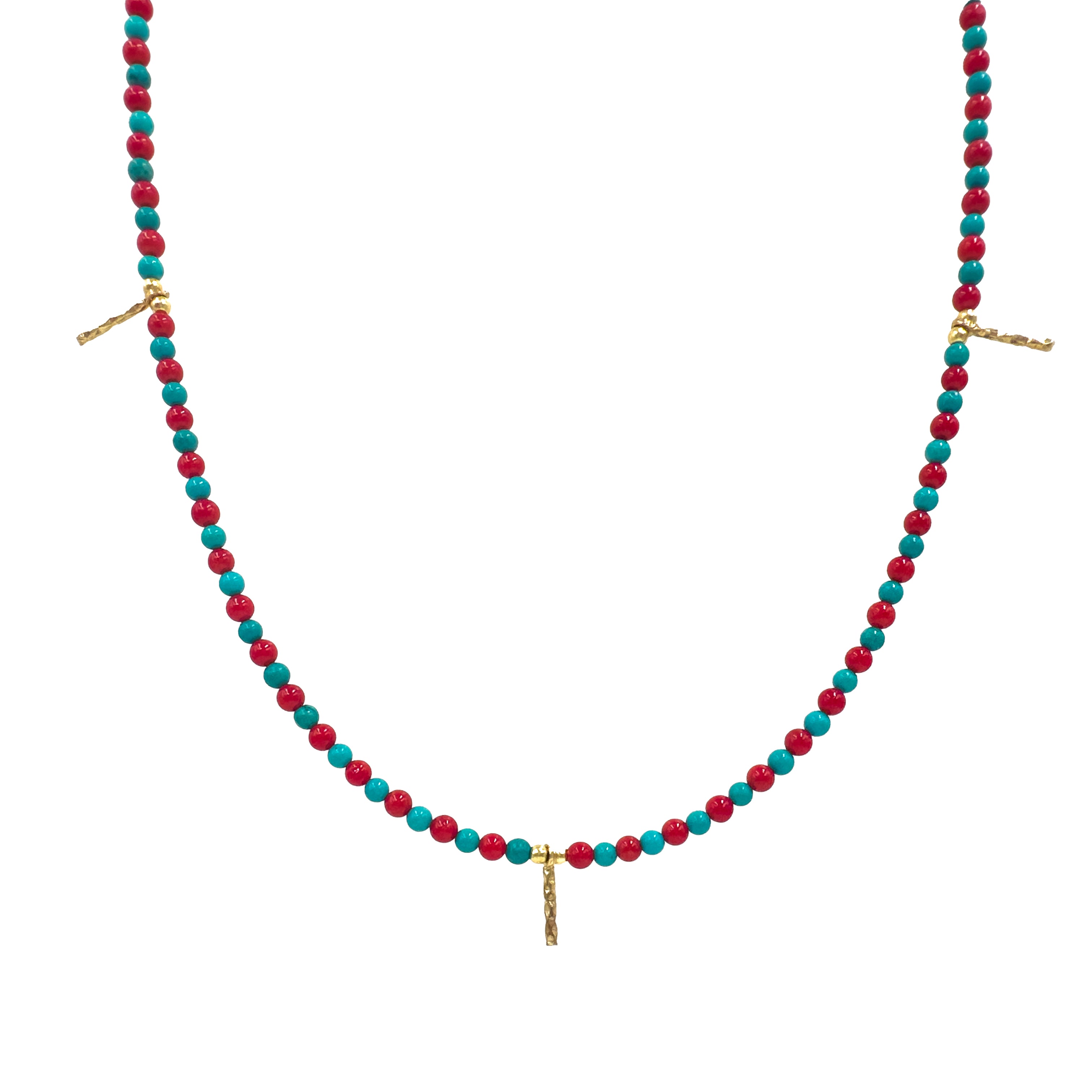 Turkuaz Ve Mercan Taşlı Gold Detaylı Doğal Taş Kolye