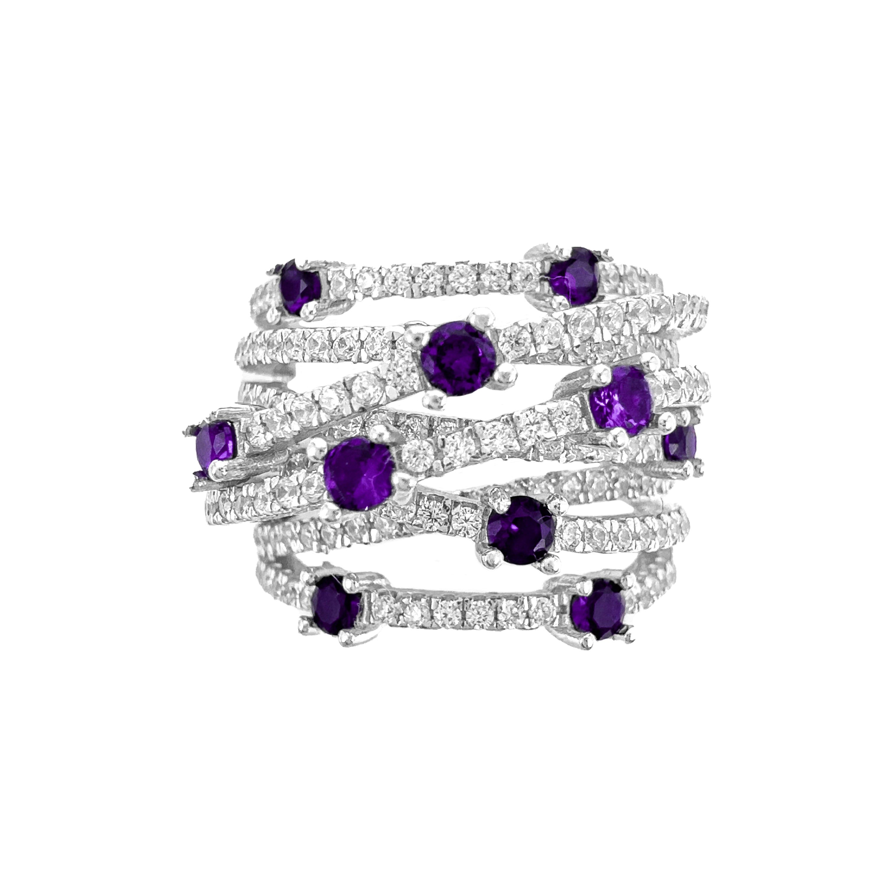 Mor Taşlı Çapraz Geçişli Minik Taş Detaylı Yüzük