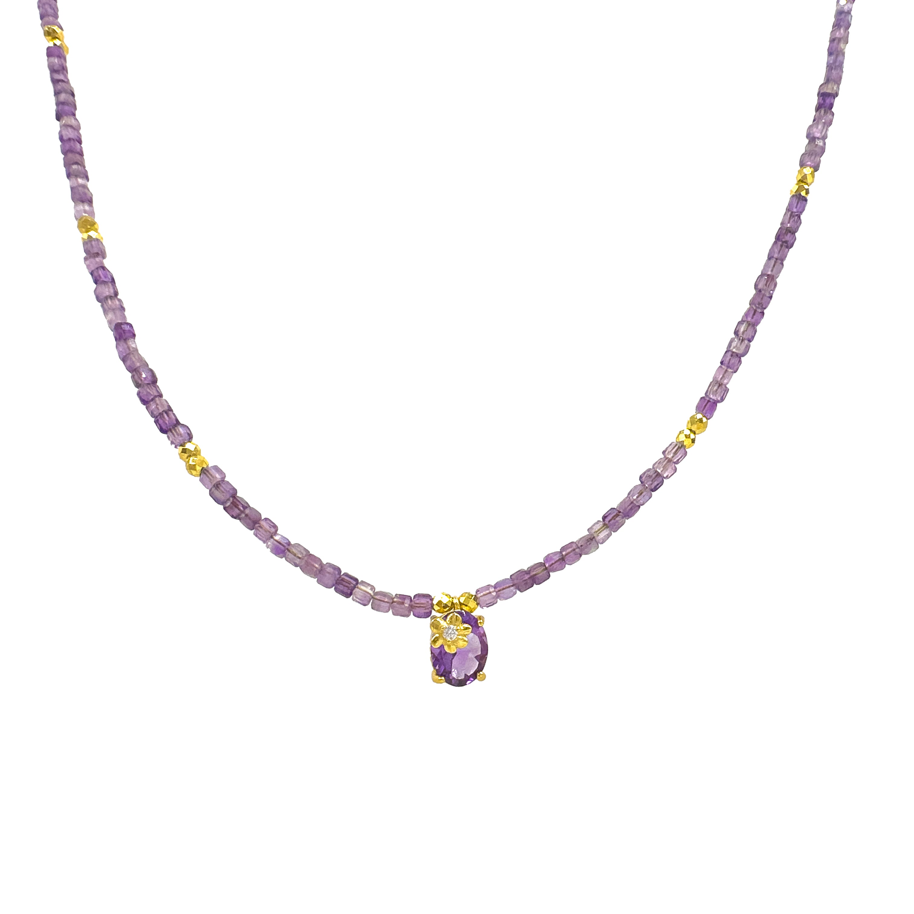 Ametist Taşlı Çiçek Uç Detaylı Doğal Taş Kolye