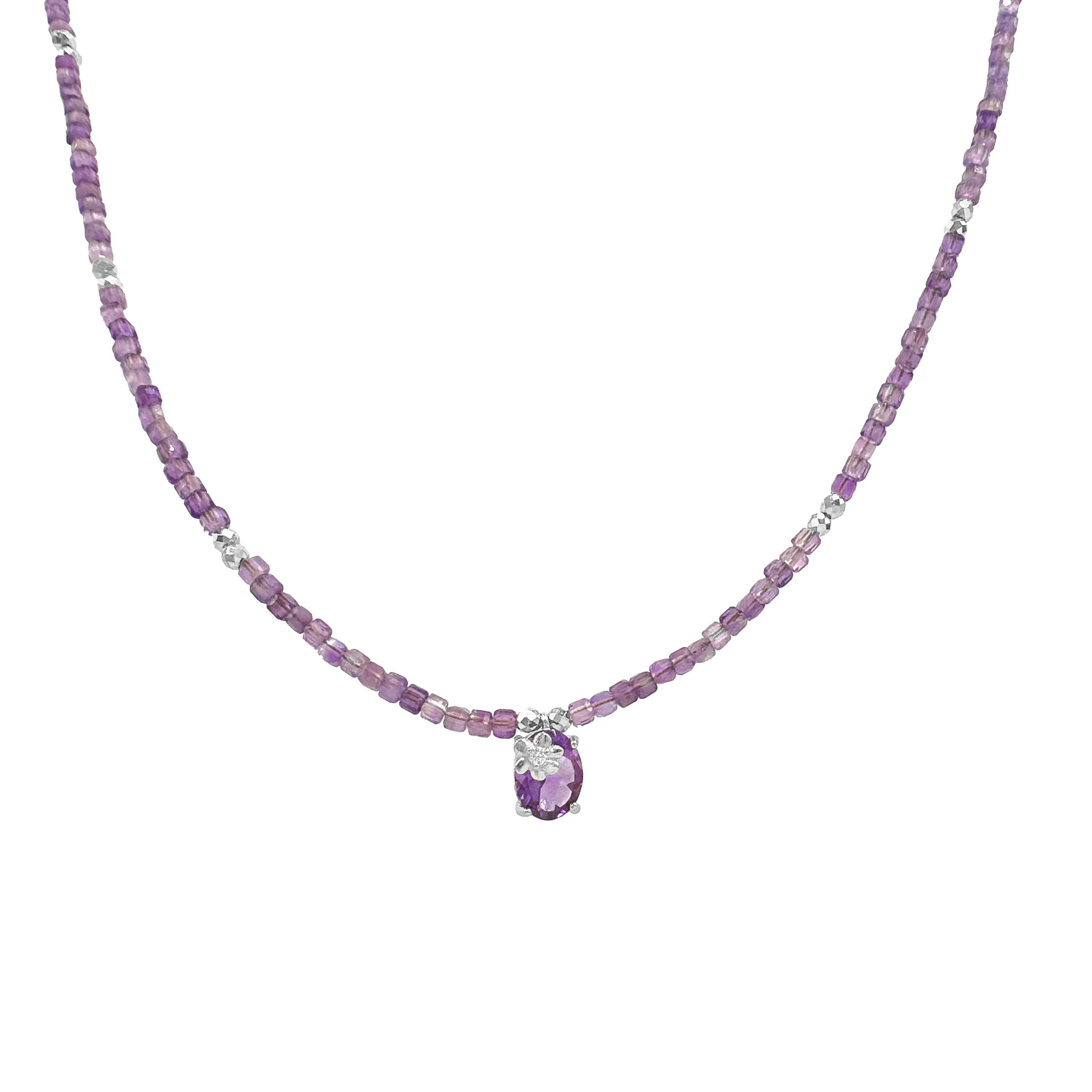 Ametist Taşlı Çiçek Uç Detaylı Doğal Taş Kolye