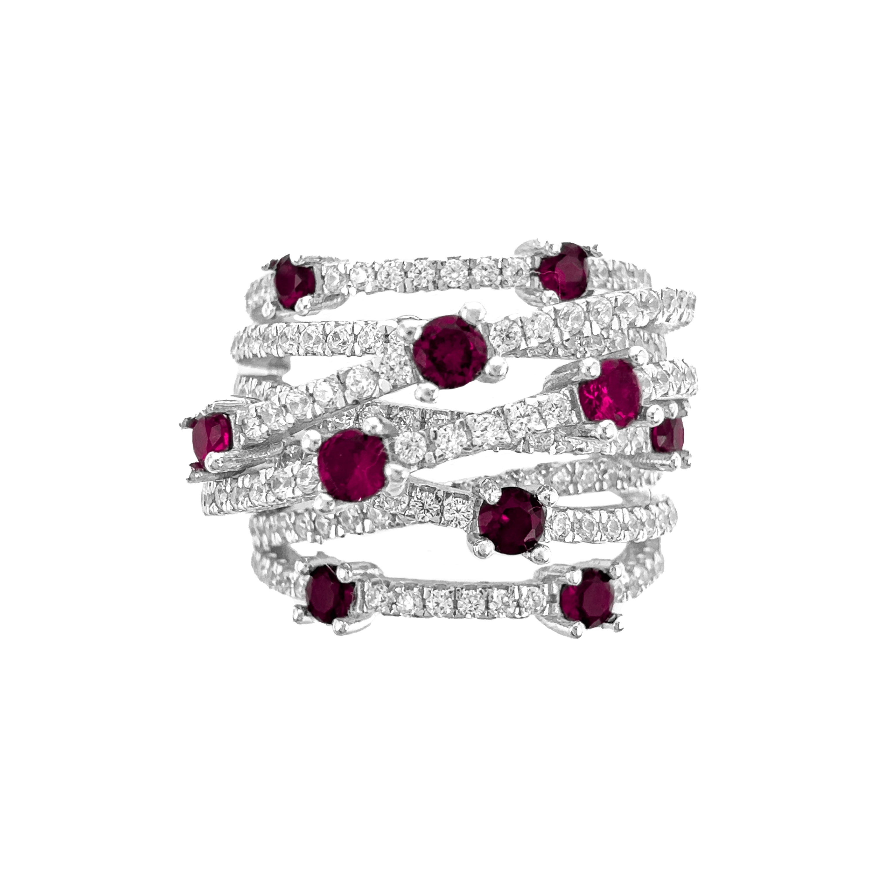 Fuşya Taşlı Çapraz Geçişli Minik Taş Detaylı Yüzük