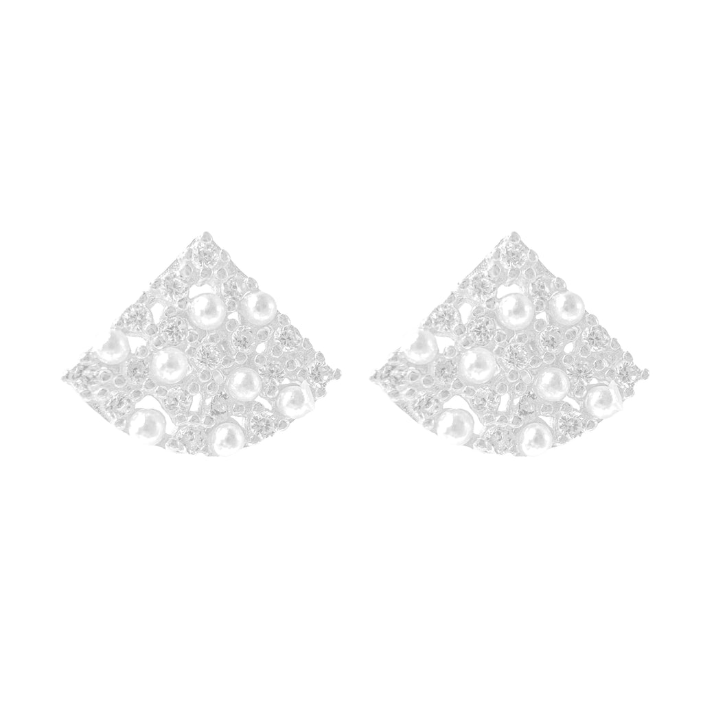 İncili ve Taş Detaylı Üçgen Küpe