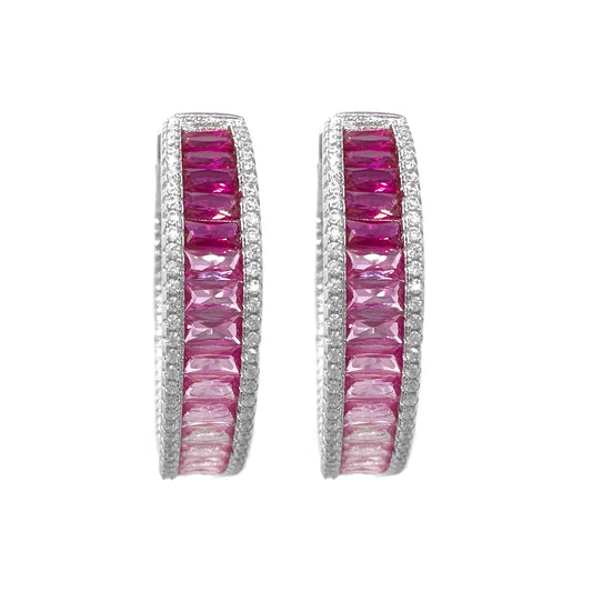 Pink Tone Baguette Stone Hoop Earrings