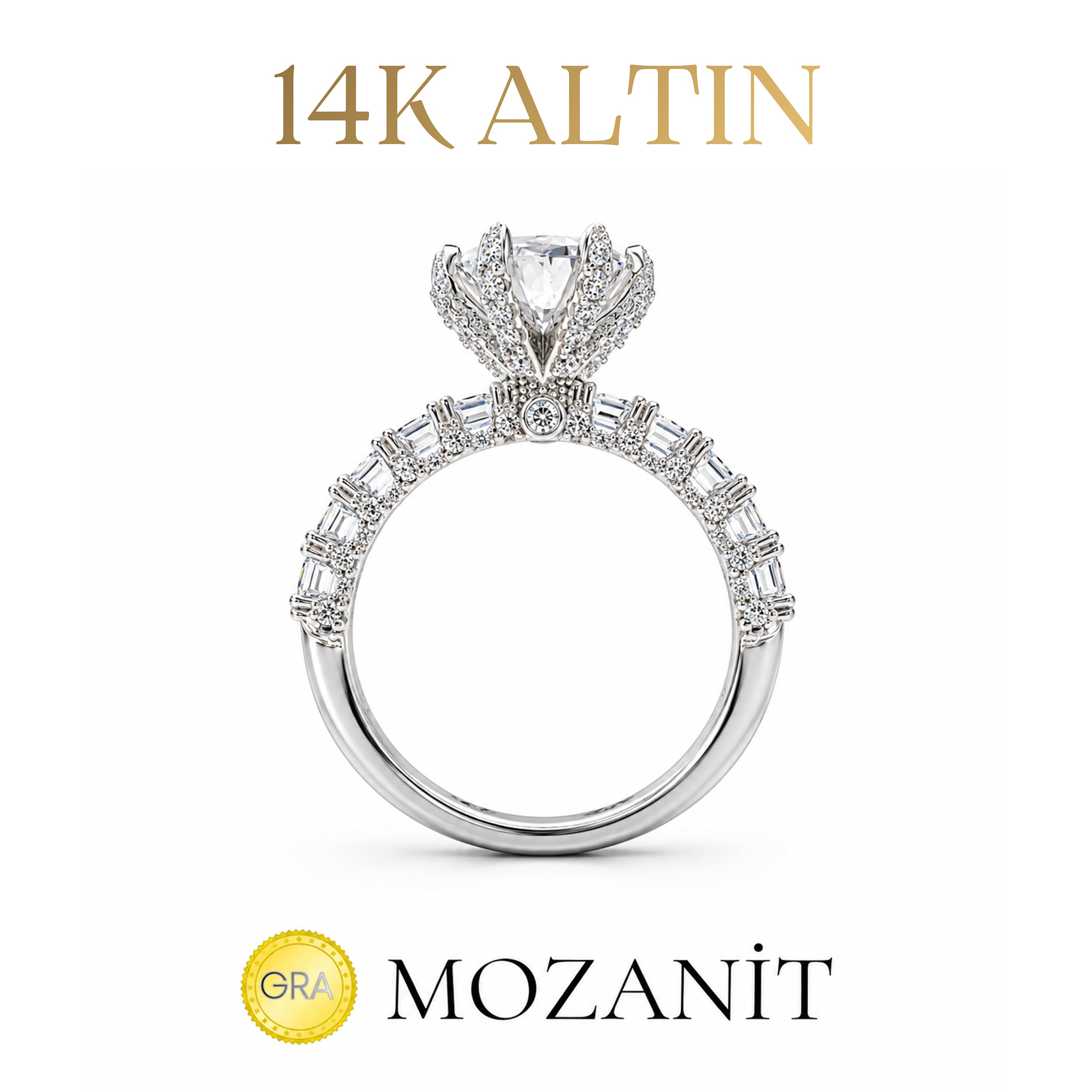 14K İki Karat Mozanit Tasarım Tektaş Yüzük