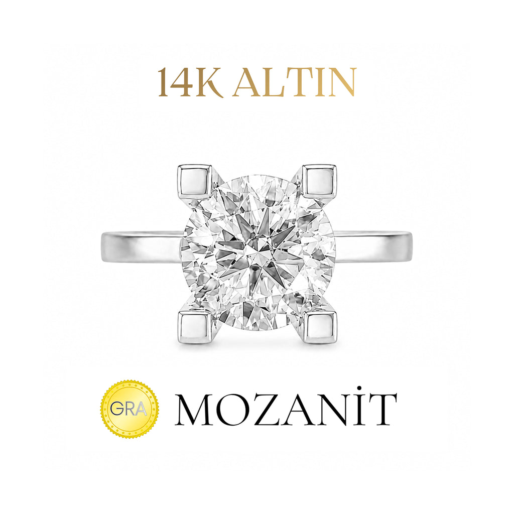 14K İki Karat Mozanit Tektaş Yüzük