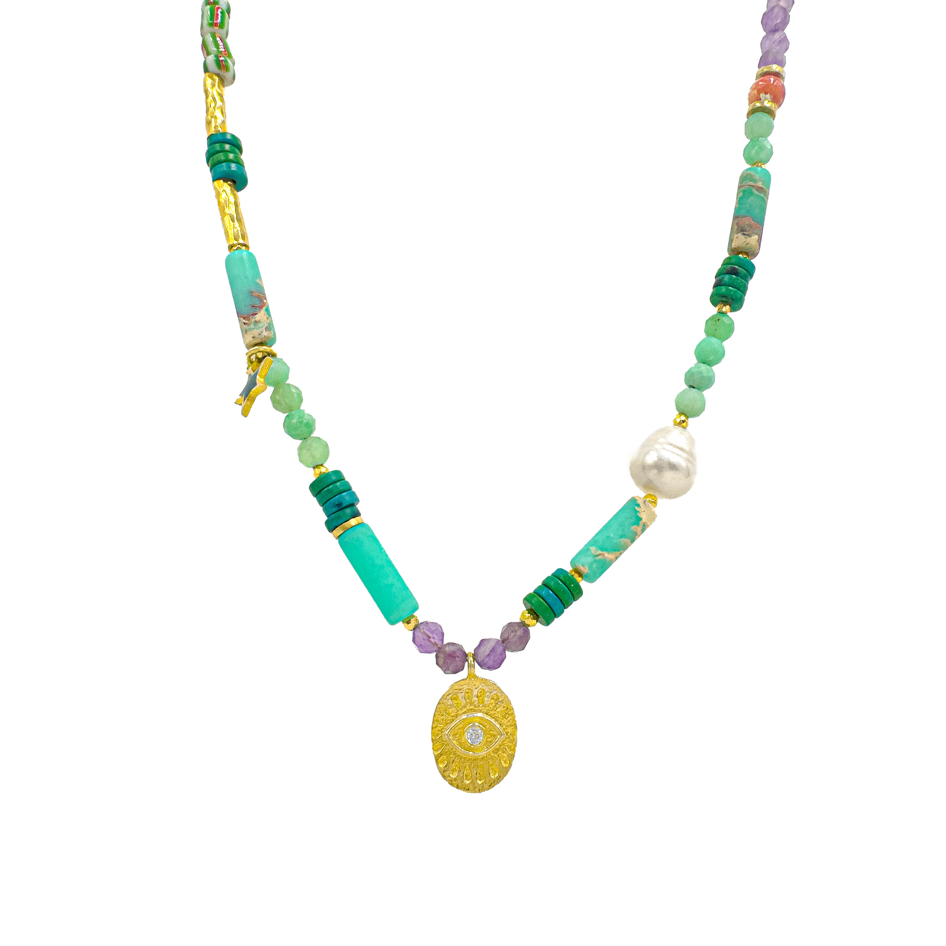 Göz Detaylı Karışık Doğal Taşlı Kolye