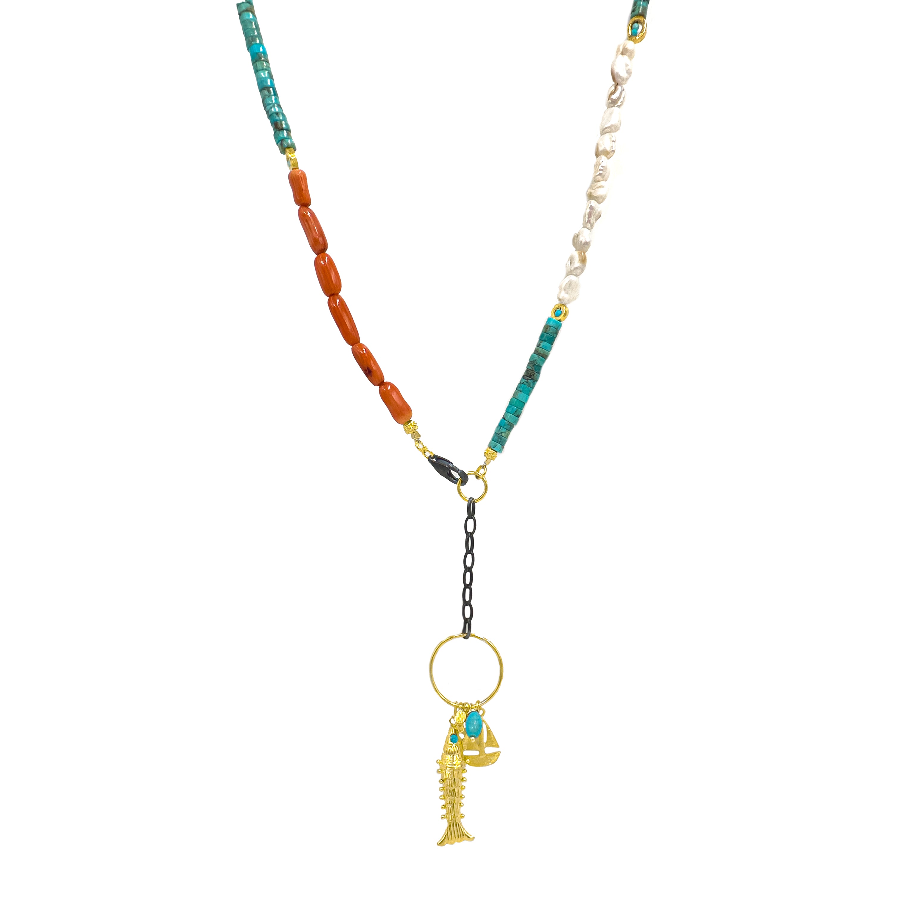 Renkli Taş İncili Balık Sallantılı Kolye