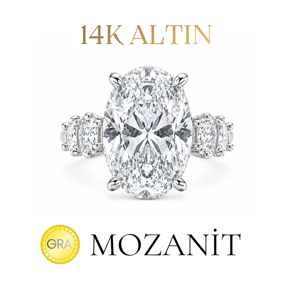14K Kolu Oval Taşlı Oval Mozanit Yüzük