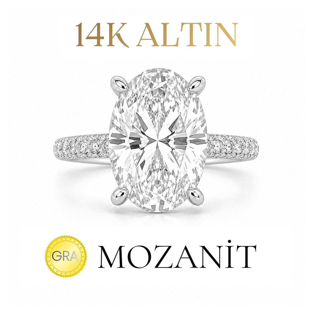 14K Pave Oval Mozanit Yüzük