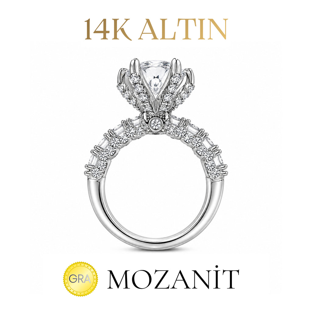 14K Altın Dört Karat Mozanit Tasarım Tektaş Yüzük