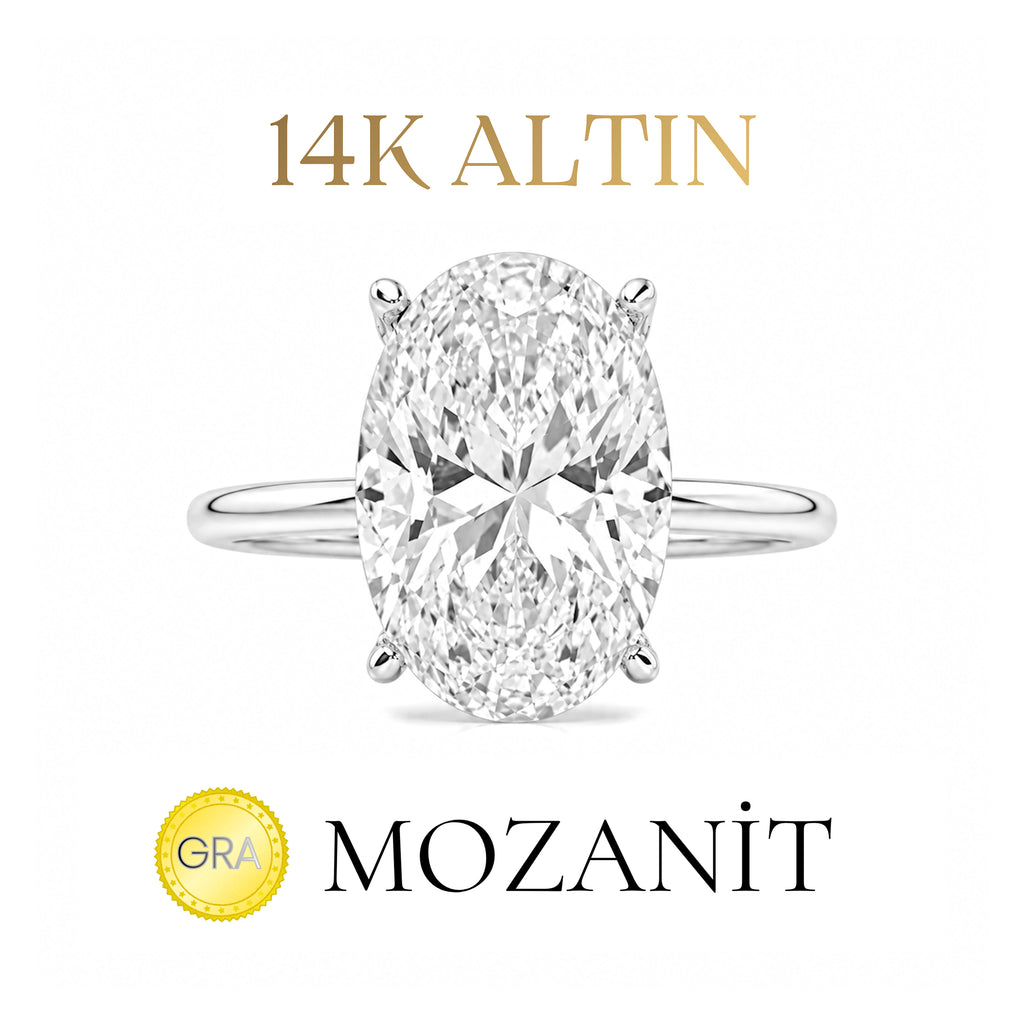 14K Mozanit Taşlı Uzun Oval Tektaş Yüzük