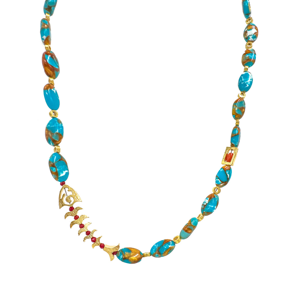 Balık Detaylı Turkuaz Doğal Taş Kolye