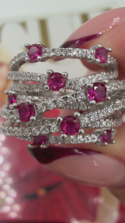 Fuşya Taşlı Çapraz Geçişli Minik Taş Detaylı Yüzük