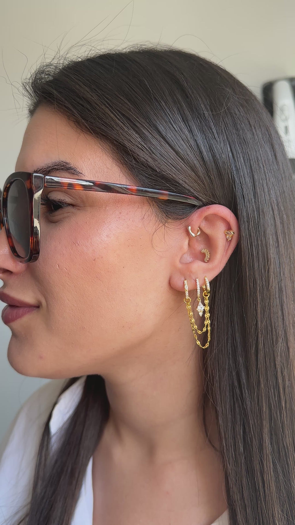 Taşlı Twin Chain Halka Küpe