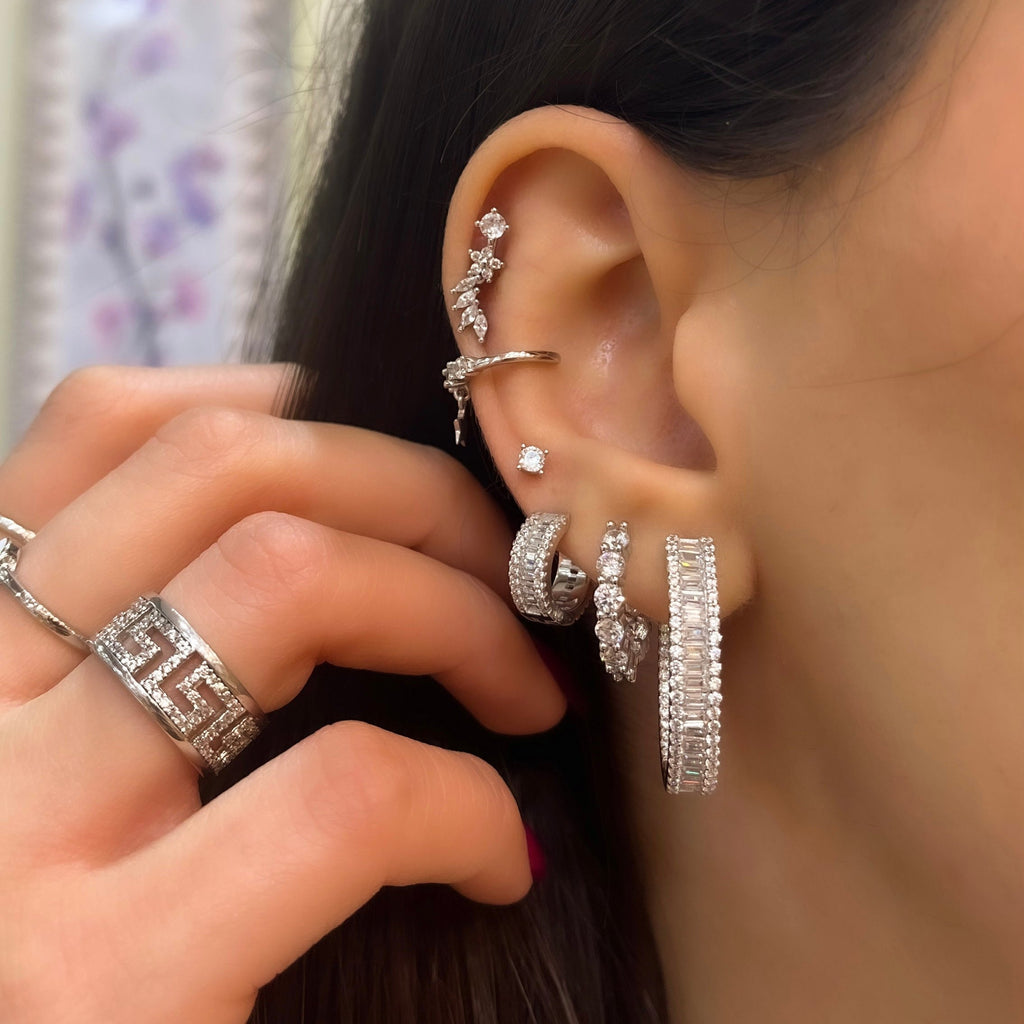 Baget Taşlı Oval Küpe - Silver